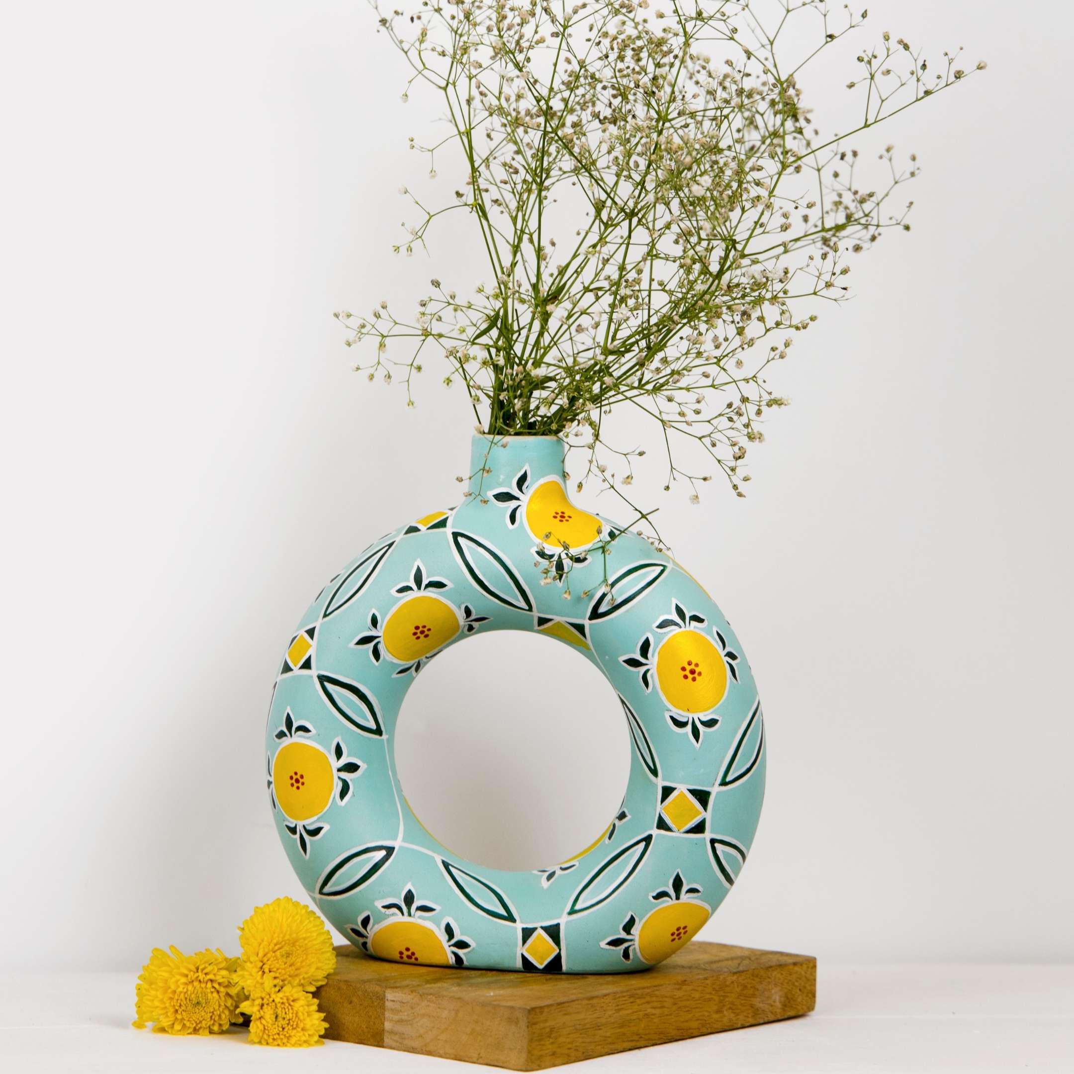 Summer Blooms Handpainted Donut Flower Vase